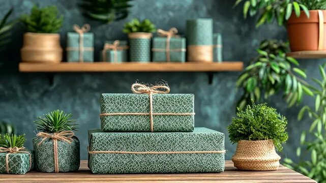 Beautifully Wrapped Gifts in Green Decor with Plants Create Serene Atmosphere for Your Home and Nature Inspired Wrapping Ideas