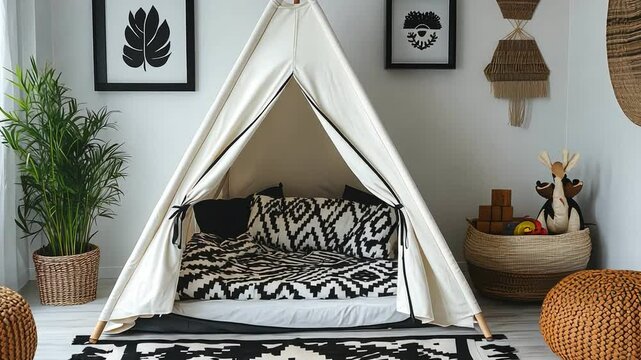 Cozy indoor play area for children with teepee, cushions, and decor that inspires creativity and warmth.