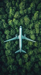 Aerial view of airplane over a dense forest canopy.