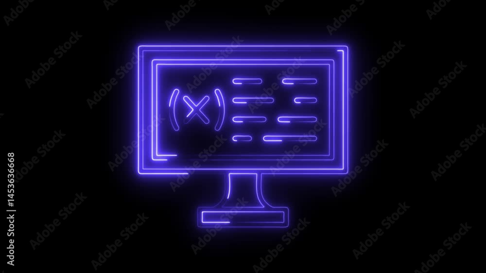 Poster glowing neon computer display with function graph and data lines on black background