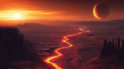 Lava river winds through a fiery alien landscape at sunset.  Vast red planet with a crimson moon