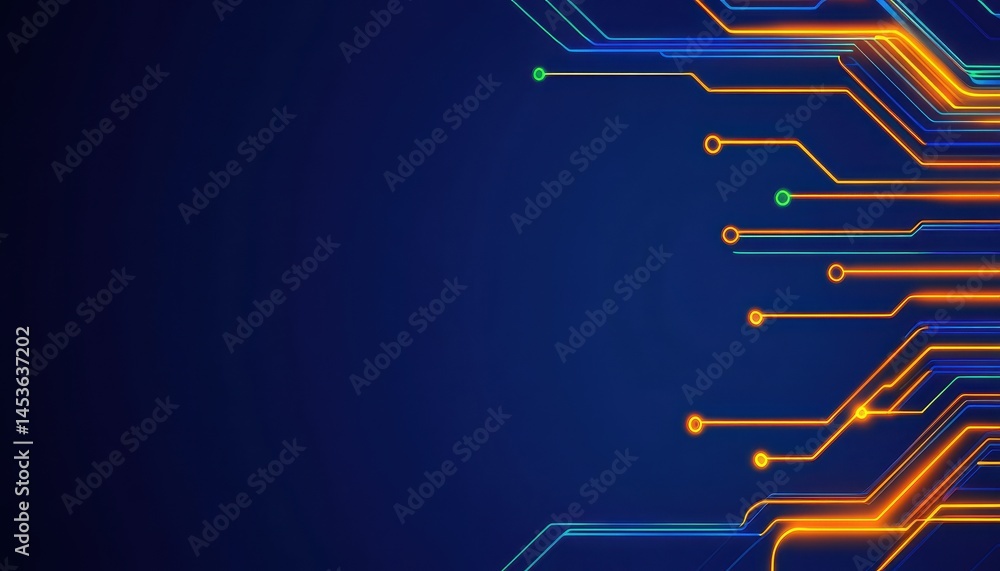 Poster Abstract Circuit Board Design with Glowing Lines and Dark Blue Background Represents Modern Technology Innovation Artificial Intelligence and Digital Data Connections