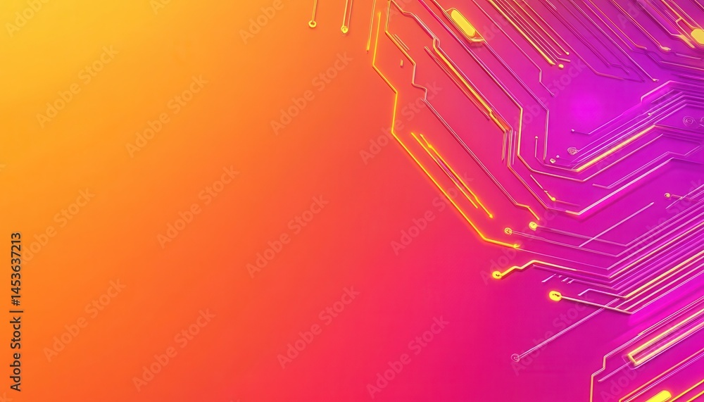 Poster Abstract Circuit Board Design with Pink and Yellow Gradient Background Futuristic Technology Pattern with Golden Lines and Geometric Elements Computer Motherboard Illustration