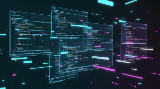 Abstract digital code screens, glowing interface, futuristic background. Use Stock photo