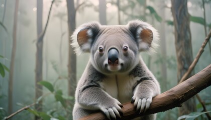 Fototapeta premium Koala perched on a tree branch in a lush rainforest.