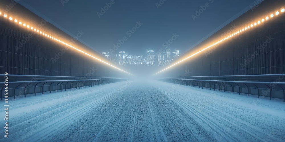 Poster Abstract Futuristic Tunnel Perspective with Geometric Design in Blue and White Digital Art and Geometric Structure with Glowing Light at the End
