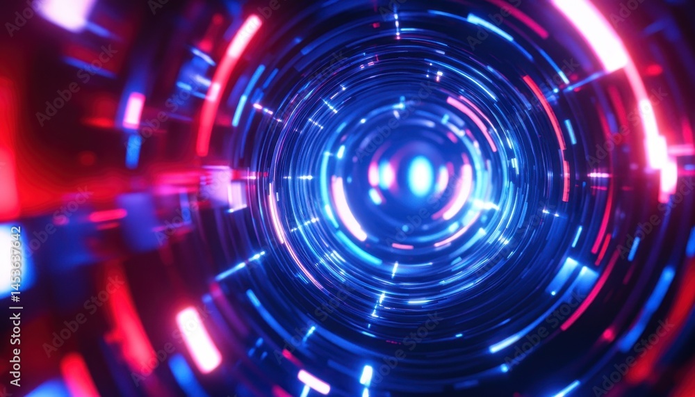 Poster abstract futuristic tunnel with blue and red glowing lights digital art background