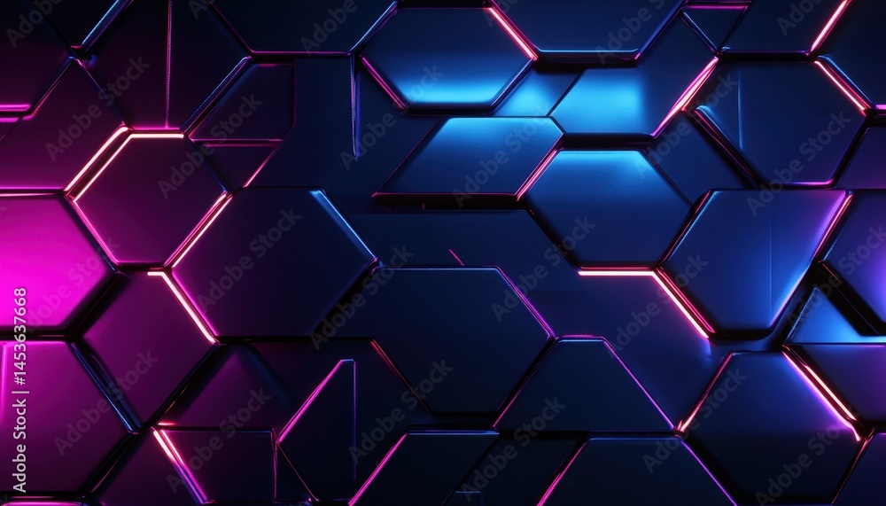 Poster Abstract Geometric Background with Hexagonal Tiles in Blue and Magenta Lighting Style with Metallic Surface