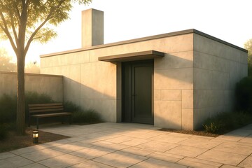 Minimalist Utility Building Exterior with Concrete Wall and Morning Light