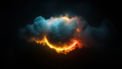 Abstract Glowing Ring Surrounded by Smoke Cloud on Dark Background with Orange and Blue Lighting Creating Magical Effect for Graphic Design