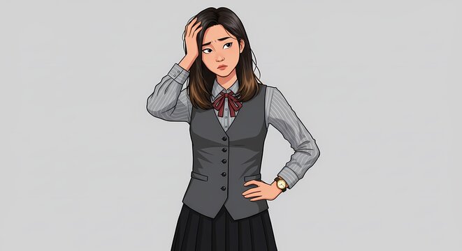 Cartoon Character Expressing Frustration: A Young Woman in School Uniform with Worried Facial Expression and Hand on Head with a Blank Background