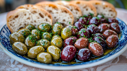 Plate of mixed olives and bread slices.  A selection of green and dark olives, glistening with oil and garnished with fresh herbs, are served alongside toasted bread slices