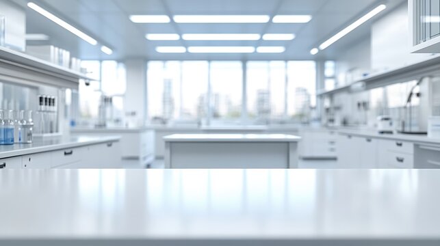 Clean bright laboratory, white furniture and equipment, glass windows. Use as background for science, research, product mockups.