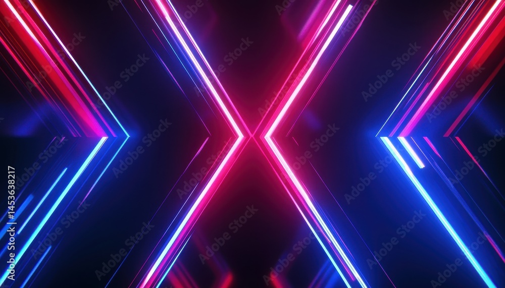 Poster abstract neon lines with glowing red and blue lights on dark background for futuristic design