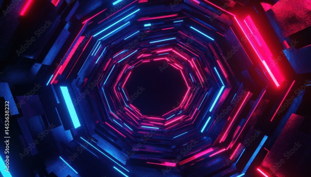 Fototapete Abstract Neon Tunnel with Geometric Shapes and Glowing Lights in a Dark Futuristic Background with 3D Rendering