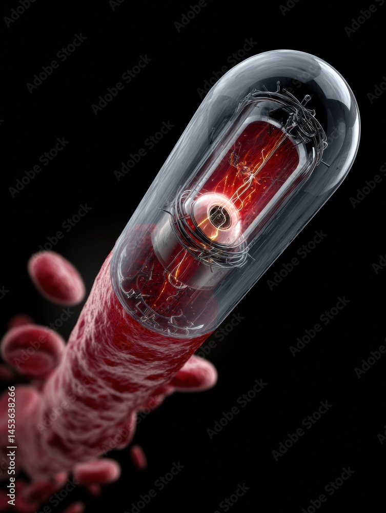 Aufkleber futuristic nanobot capsule navigating through a blood vessel in a human body generative ai