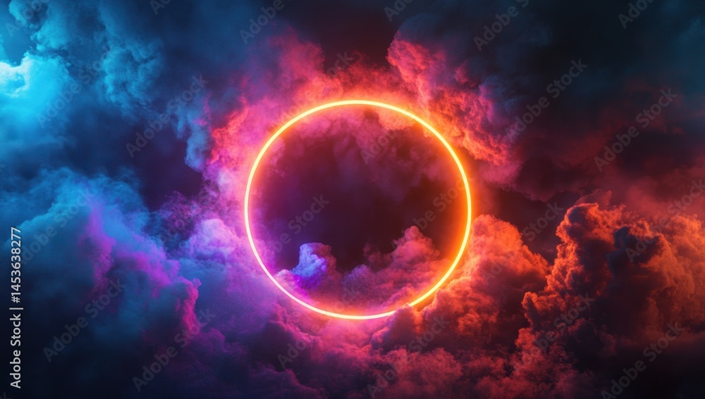 Aufkleber abstract orange neon ring surrounded by blue and red glowing clouds with dark background creates dre