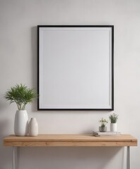 White wall, framed poster mockup hanging with clips, home setting, decor, aesthetic