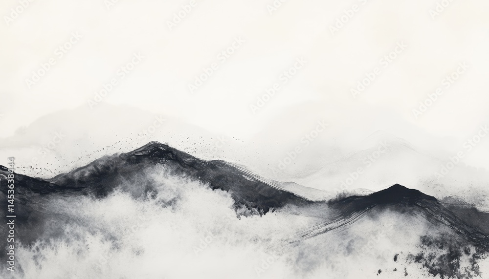 Aufkleber Abstract Pixelated Mountain Landscape with Fog in Grayscale Monochrome Low Resolution Style