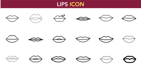 Set of lips vector icons in various styles, including outlines and silhouettes. Perfect for beauty, cosmetic, and fashion designs. Kiss mark included.