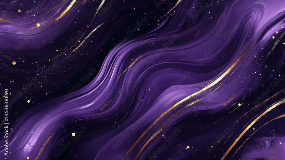 Poster abstract swirl pattern with purple tones and golden glittering accents for modern elegant design wit