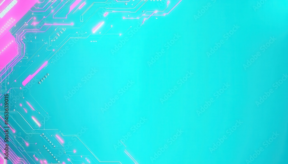 Poster Abstract Turquoise Background with Pink Neon Circuit Board Pattern Electronic Technology Backdrop for Modern Cyber Communication and Digital Data Connections