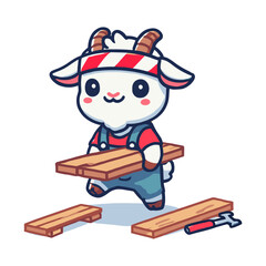 Cartoon Goat Carpenter Holding Wooden Planks Wearing Overalls and Headband on White Background