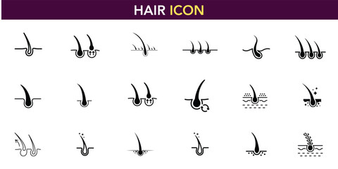 Set of vector hair follicle and growth icons. Depicts hair health, loss, and treatment concepts. Black silhouettes on white.