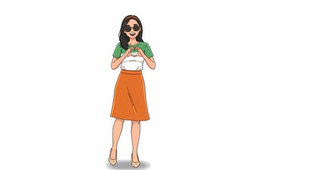 Charming illustration of a stylish woman creating a heart shape with her hands expressing affection and warmth in a modern setting