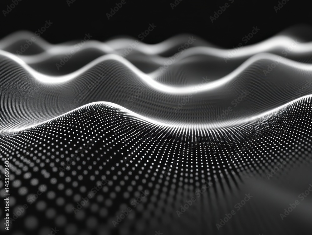 Fototapete Abstract White Dotted Wavy Pattern on Dark Background Surface Grid with Light and Shadow Creates a Futuristic and Dynamic Technological Visual Representation
