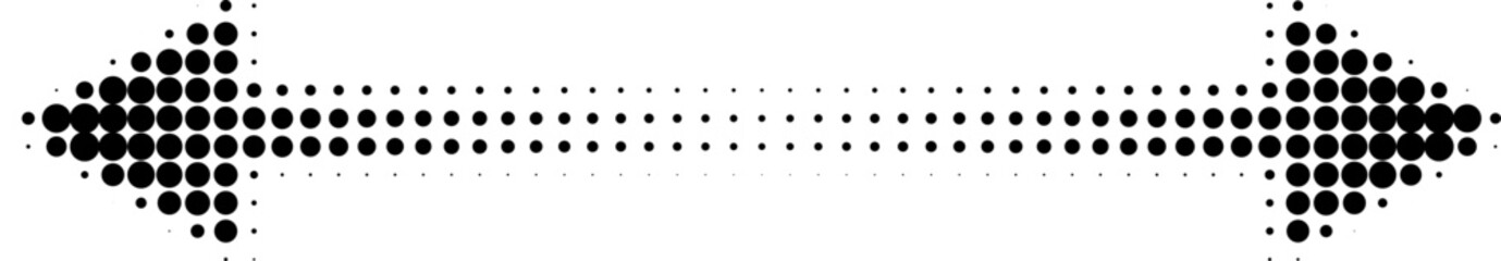 Abstract retro illustration of round halftone double sided arrow pointing left and right. Black circular dot pattern, geometric arrow shapes. Minimalistic, horizontal orientation, abstract design.