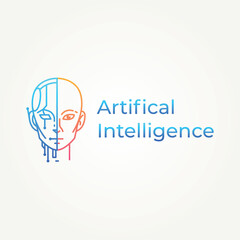 minimalist smart humanoid half robot human line art icon logo vector illustration design. simple modern AI robot technology logo concept