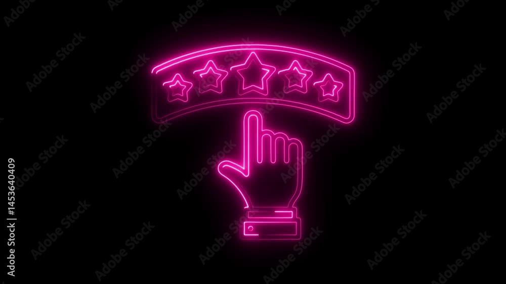 Poster five star rating neon animation with hand cursor review and feedback concept