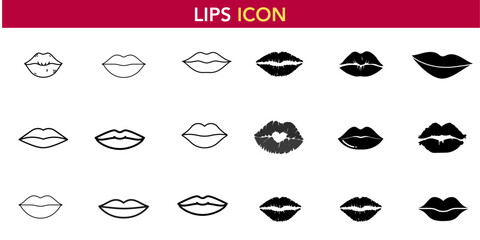 Set of lips vector icons in various styles, including outlines and silhouettes. Perfect for beauty, cosmetic, and fashion designs. Kiss mark included.