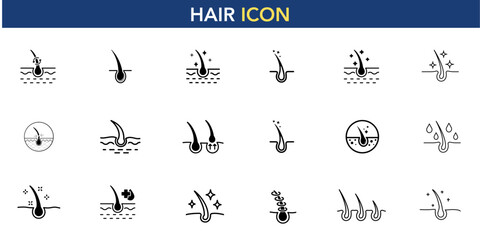 Set of vector hair follicle and growth icons. Depicts hair health, loss, and treatment concepts. Black silhouettes on white.