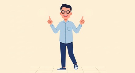 Enthusiastic cartoon man in glasses pointing upwards, presenting a new idea or concept with excitement and positivity in casual attire