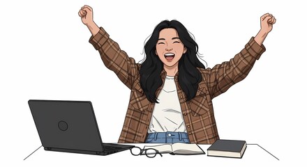 Illustration depicting a woman celebrating success at her desk, showcasing the joy of accomplishment in work or study with excitement