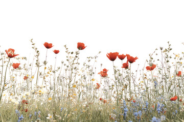 A vibrant red poppy flower blooms in a beautiful summer field under the blue sky, a wild splash of color in the natural landscape