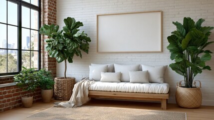 Empty white gallery style frame on textured wall in modern loft office with sunlight reflections for art portfolio showcase long tail keywords