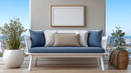 Minimalist empty white picture frame on light gray wall in modern office bathed in natural light for interior design inspiration long tail keywords