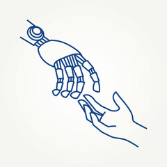minimalist human and robot hands reaching for each other line art icon logo vector illustration design. simple modern collaboration between humans and robots logo concept