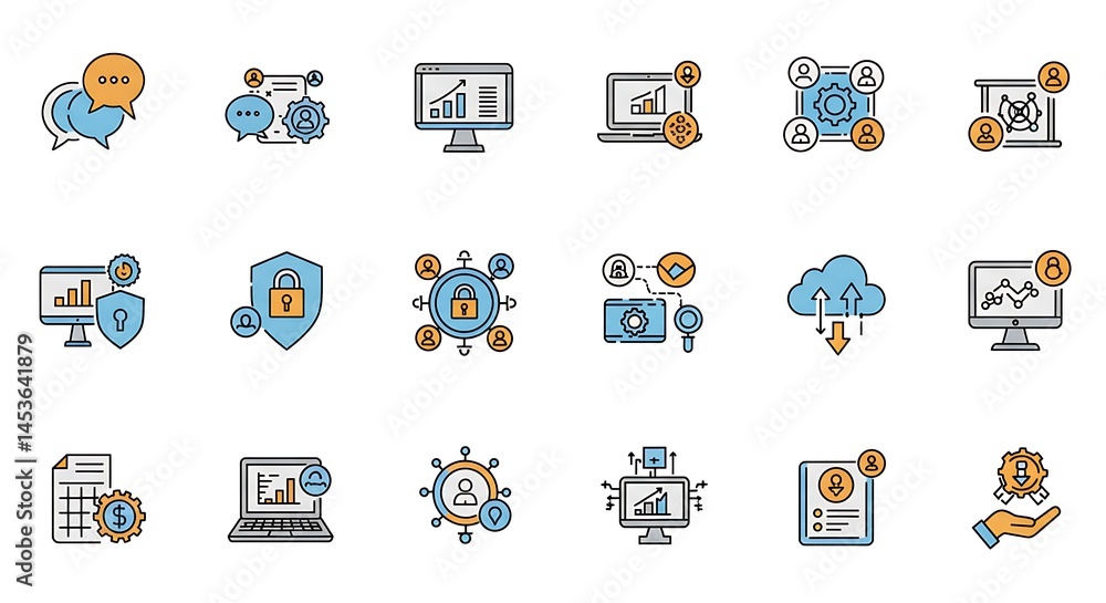 Fototapete a precise grid of ultra-smooth thin line art icons depicting business and technology concepts. each 