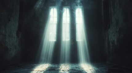 Obraz premium Three windows with sun rays in a dark, textured, vintage-looking room. Use for concepts like hope, mystery, escape, light in the darkness.