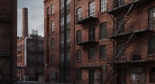 Urban industrial architecture featuring vintage brick buildings and fire escapes