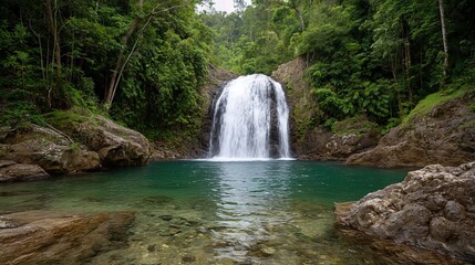 Obraz premium The serene beauty of a waterfall flowing into a clear pool is showcased in this professional photo, surrounded by vibrant green foliage in a tropical jungle setting. 