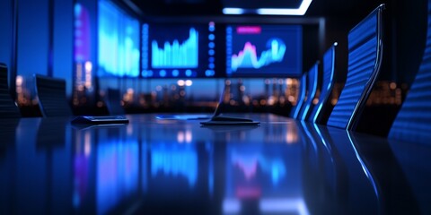 Modern boardroom with financial data displays, reflecting a futuristic business approach