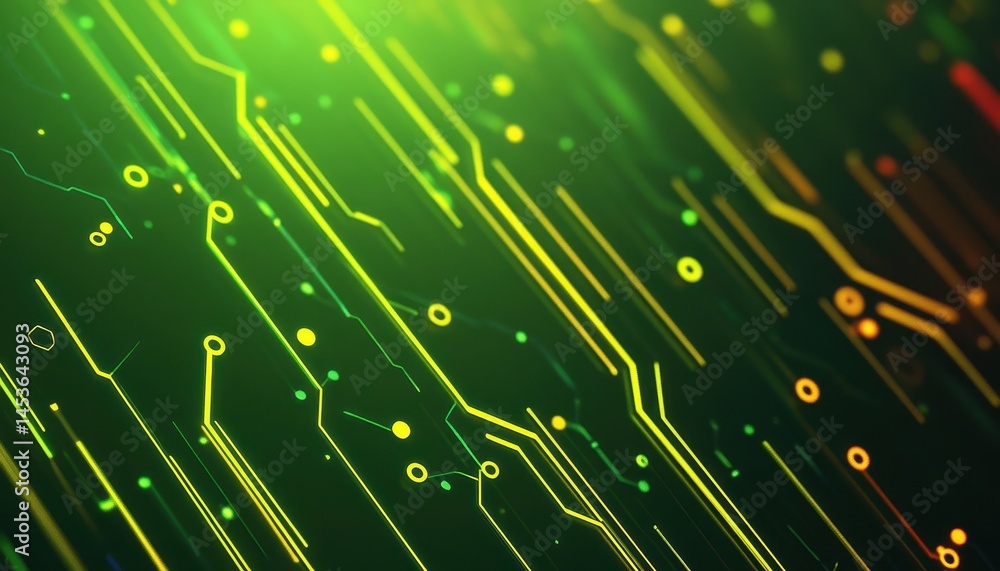 Poster Vibrant Green Circuit Board with Yellow Traces and Electronic Components Abstract Technology Background with Lines and Modern Design Element