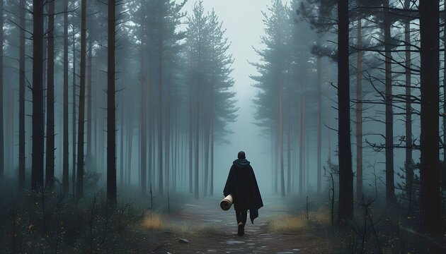 A Lone hiker walking in the scary forest