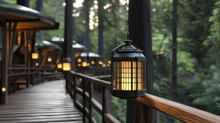 Fototapeta premium tranquil treehouse community illuminated by warm lanterns, nestled among tall trees, creating serene atmosphere