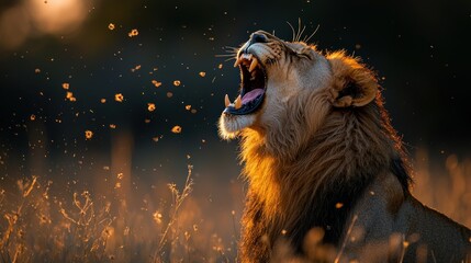 Majestic lion roaring in golden sunlight